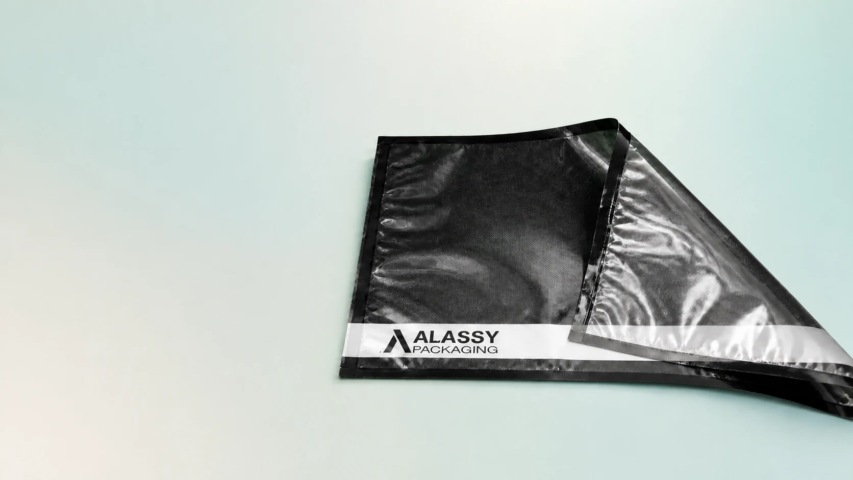 Black and clear ALASSY vacuum bag formats displayed on a light work surface