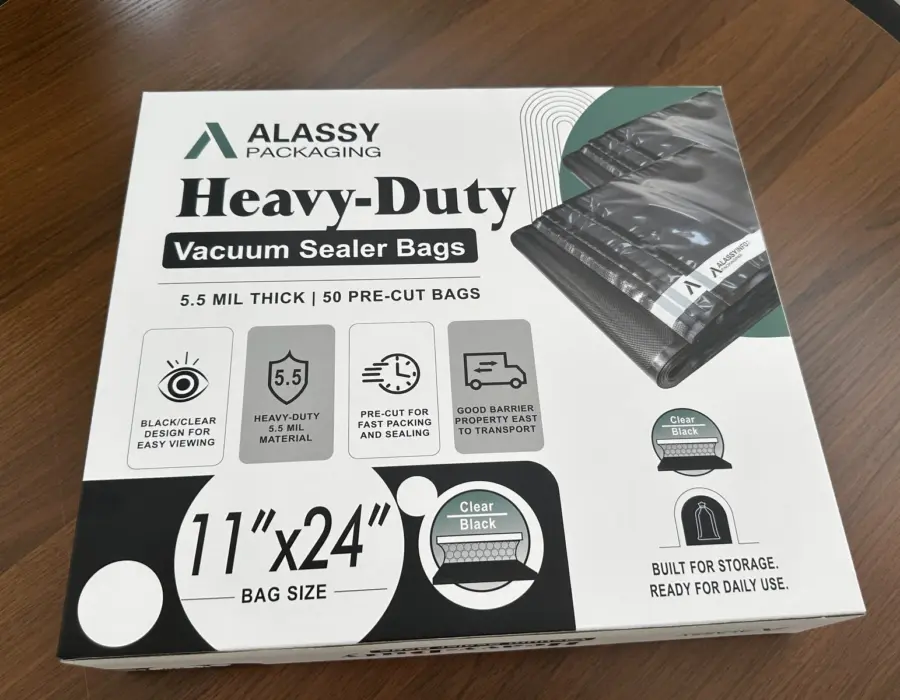 Caja ALASSY de bolsas para envasado al vacío de 11 × 24 pulgadas, vista frontal