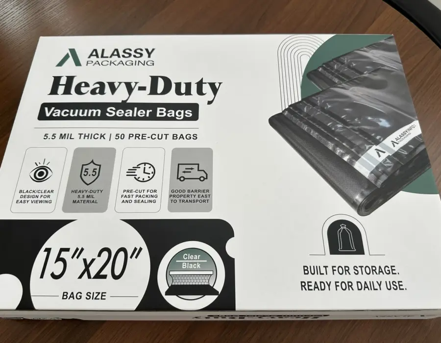 Caja ALASSY de bolsas para envasado al vacío de 15 × 20 pulgadas, vista frontal