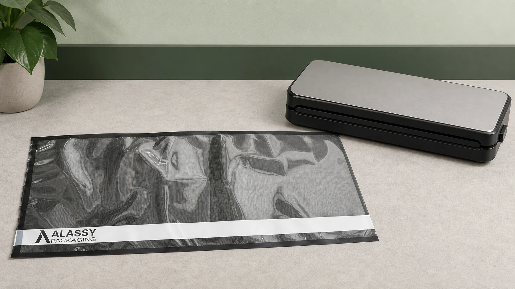 Vacuum storage bag beside compatible sealing equipment before sealing